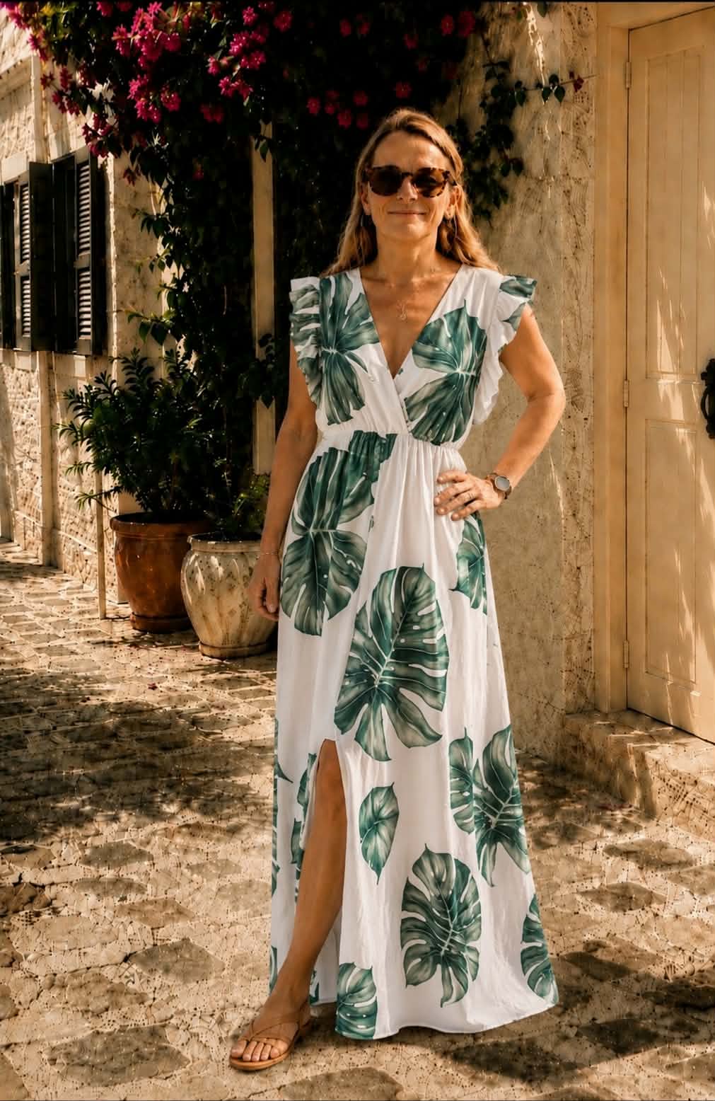 Robe longue feuille tropicale